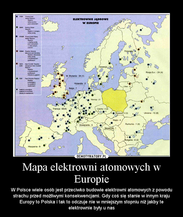 Mapa elektrowni atomowych w Europie – W Polsce wiele osób jest przeciwko budowie elektrowni atomowych z powodu strachu przed możliwymi konsekwencjami. Gdy coś się stanie w innym kraju Europy to Polska i tak to odczuje nie w mniejszym stopniu niż jakby te elektrownie były u nas 