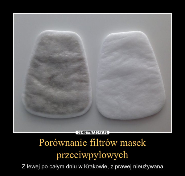 Porównanie filtrów masek przeciwpyłowych – Z lewej po całym dniu w Krakowie, z prawej nieużywana 