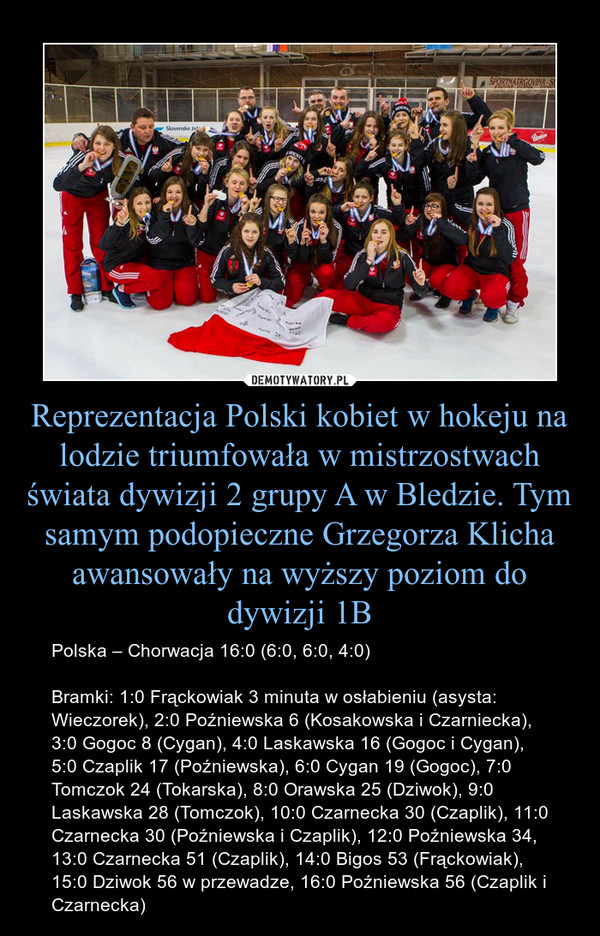 Reprezentacja Polski kobiet w hokeju na lodzie triumfowała w mistrzostwach świata dywizji 2 grupy A w Bledzie. Tym samym podopieczne Grzegorza Klicha awansowały na wyższy poziom do dywizji 1B