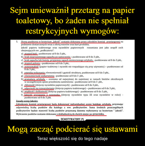 Sejm unieważnił przetarg na papier toaletowy, bo żaden nie spełniał restrykcyjnych wymogów: Mogą zacząć podcierać się ustawami