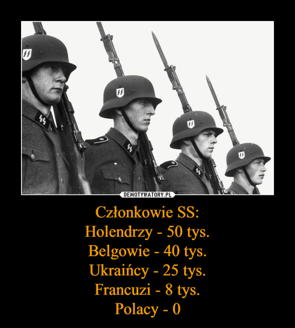 Członkowie SS:
Holendrzy - 50 tys.
Belgowie - 40 tys.
Ukraińcy - 25 tys.
Francuzi - 8 tys.
Polacy - 0