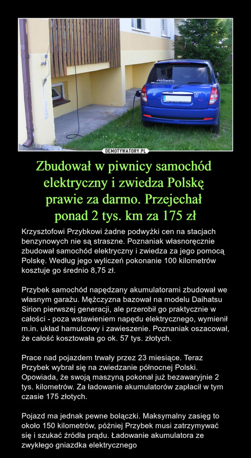 Zbudował w piwnicy samochód 
elektryczny i zwiedza Polskę 
prawie za darmo. Przejechał 
ponad 2 tys. km za 175 zł