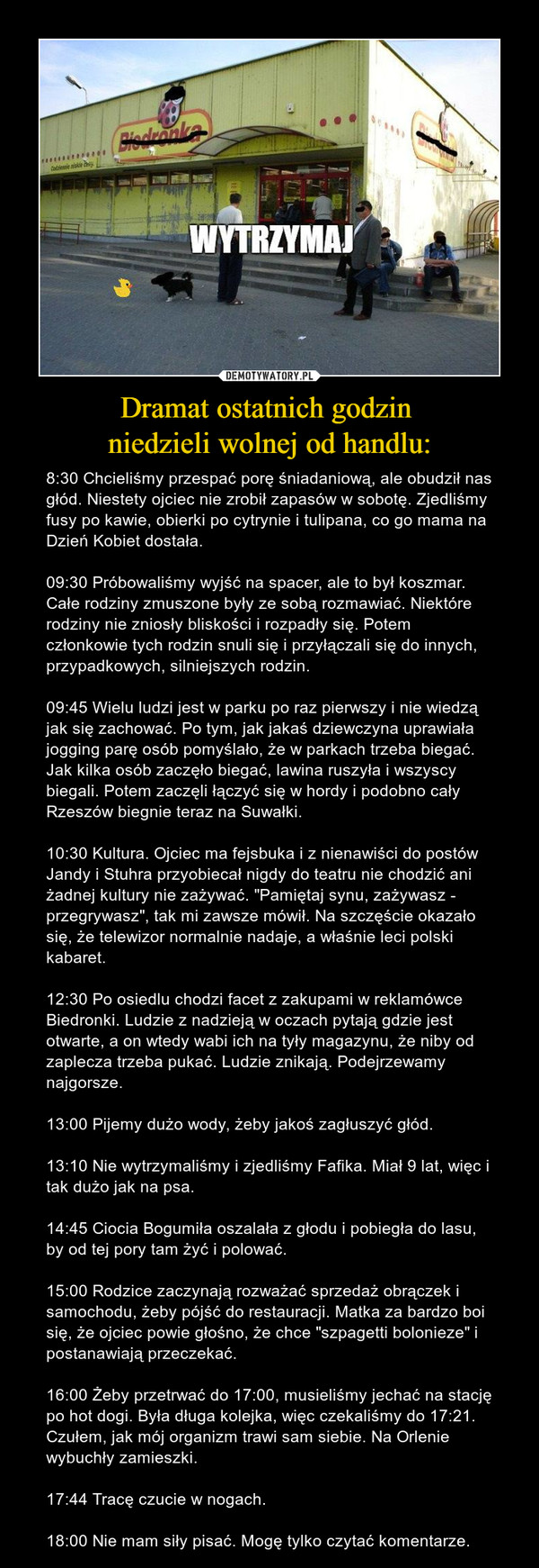 Dramat ostatnich godzin niedzieli wolnej od handlu: – 8:30 Chcieliśmy przespać porę śniadaniową, ale obudził nas głód. Niestety ojciec nie zrobił zapasów w sobotę. Zjedliśmy fusy po kawie, obierki po cytrynie i tulipana, co go mama na Dzień Kobiet dostała.09:30 Próbowaliśmy wyjść na spacer, ale to był koszmar. Całe rodziny zmuszone były ze sobą rozmawiać. Niektóre rodziny nie zniosły bliskości i rozpadły się. Potem członkowie tych rodzin snuli się i przyłączali się do innych, przypadkowych, silniejszych rodzin.09:45 Wielu ludzi jest w parku po raz pierwszy i nie wiedzą jak się zachować. Po tym, jak jakaś dziewczyna uprawiała jogging parę osób pomyślało, że w parkach trzeba biegać. Jak kilka osób zaczęło biegać, lawina ruszyła i wszyscy biegali. Potem zaczęli łączyć się w hordy i podobno cały Rzeszów biegnie teraz na Suwałki.10:30 Kultura. Ojciec ma fejsbuka i z nienawiści do postów Jandy i Stuhra przyobiecał nigdy do teatru nie chodzić ani żadnej kultury nie zażywać. "Pamiętaj synu, zażywasz - przegrywasz", tak mi zawsze mówił. Na szczęście okazało się, że telewizor normalnie nadaje, a właśnie leci polski kabaret.12:30 Po osiedlu chodzi facet z zakupami w reklamówce Biedronki. Ludzie z nadzieją w oczach pytają gdzie jest otwarte, a on wtedy wabi ich na tyły magazynu, że niby od zaplecza trzeba pukać. Ludzie znikają. Podejrzewamy najgorsze.13:00 Pijemy dużo wody, żeby jakoś zagłuszyć głód.13:10 Nie wytrzymaliśmy i zjedliśmy Fafika. Miał 9 lat, więc i tak dużo jak na psa.14:45 Ciocia Bogumiła oszalała z głodu i pobiegła do lasu, by od tej pory tam żyć i polować.15:00 Rodzice zaczynają rozważać sprzedaż obrączek i samochodu, żeby pójść do restauracji. Matka za bardzo boi się, że ojciec powie głośno, że chce "szpagetti bolonieze" i postanawiają przeczekać.16:00 Żeby przetrwać do 17:00, musieliśmy jechać na stację po hot dogi. Była długa kolejka, więc czekaliśmy do 17:21. Czułem, jak mój organizm trawi sam siebie. Na Orlenie wybuchły zamieszki.17:44 Tracę czucie w nogach.18:00 Nie mam siły pisać. Mogę tylko czytać komentarze. 