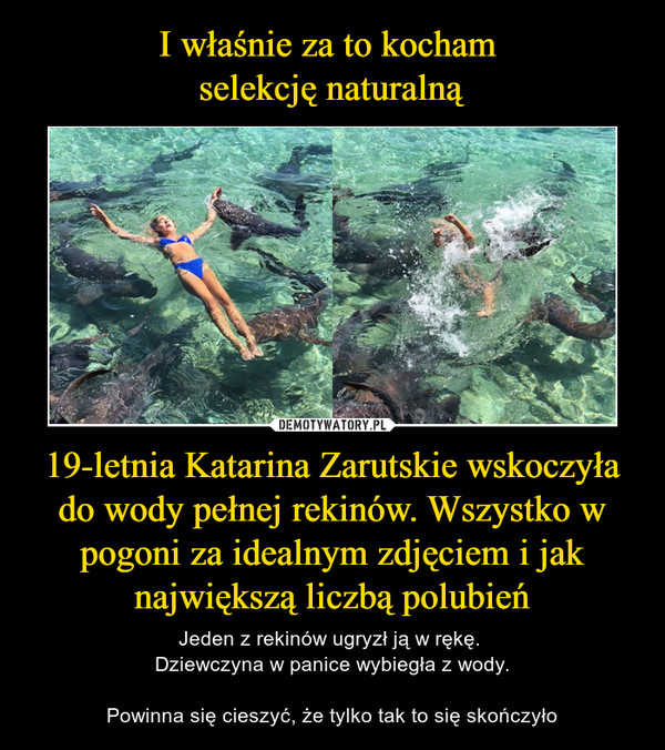 I właśnie za to kocham 
selekcję naturalną 19-letnia Katarina Zarutskie wskoczyła do wody pełnej rekinów. Wszystko w pogoni za idealnym zdjęciem i jak największą liczbą polubień