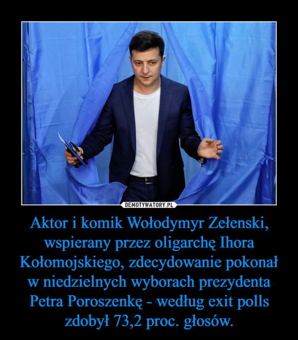 Aktor i komik Wołodymyr Zełenski, wspierany przez oligarchę Ihora Kołomojskiego, zdecydowanie pokonał w niedzielnych wyborach prezydenta Petra Poroszenkę - według exit polls zdobył 73,2 proc. głosów. –  