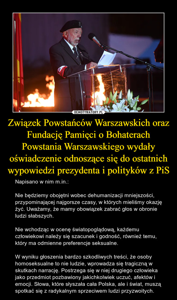 Związek Powstańców Warszawskich oraz Fundację Pamięci o Bohaterach Powstania Warszawskiego wydały oświadczenie odnoszące się do ostatnich wypowiedzi prezydenta i polityków z PiS