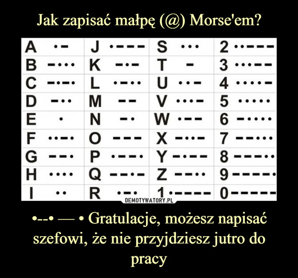 Jak zapisać małpę (@) Morse'em? •--• — • Gratulacje, możesz napisać
szefowi, że nie przyjdziesz jutro do pracy