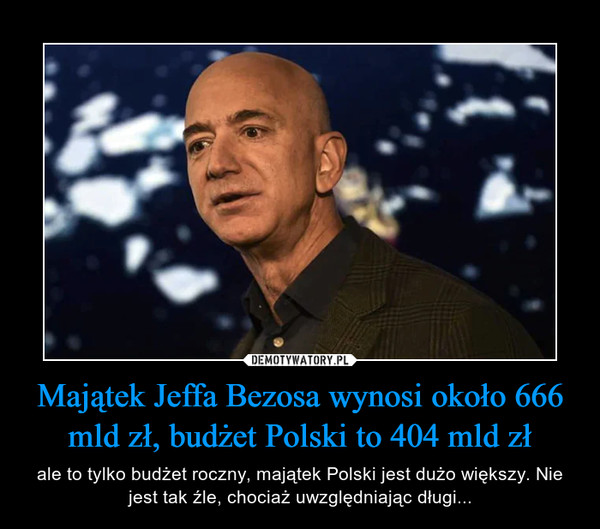 Majątek Jeffa Bezosa wynosi około 666 mld zł, budżet Polski to 404 mld zł – ale to tylko budżet roczny, majątek Polski jest dużo większy. Nie jest tak źle, chociaż uwzględniając długi... 