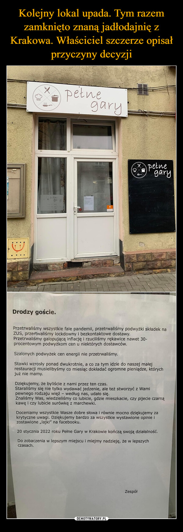 Kolejny lokal upada. Tym razem zamknięto znaną jadłodajnię z Krakowa. Właściciel szczerze opisał przyczyny decyzji