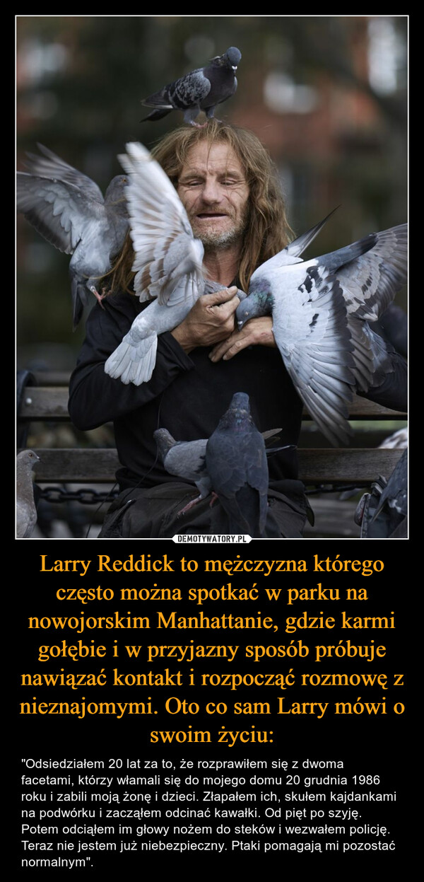 Larry Reddick to mężczyzna którego często można spotkać w parku na nowojorskim Manhattanie, gdzie karmi gołębie i w przyjazny sposób próbuje nawiązać kontakt i rozpocząć rozmowę z nieznajomymi. Oto co sam Larry mówi o swoim życiu: