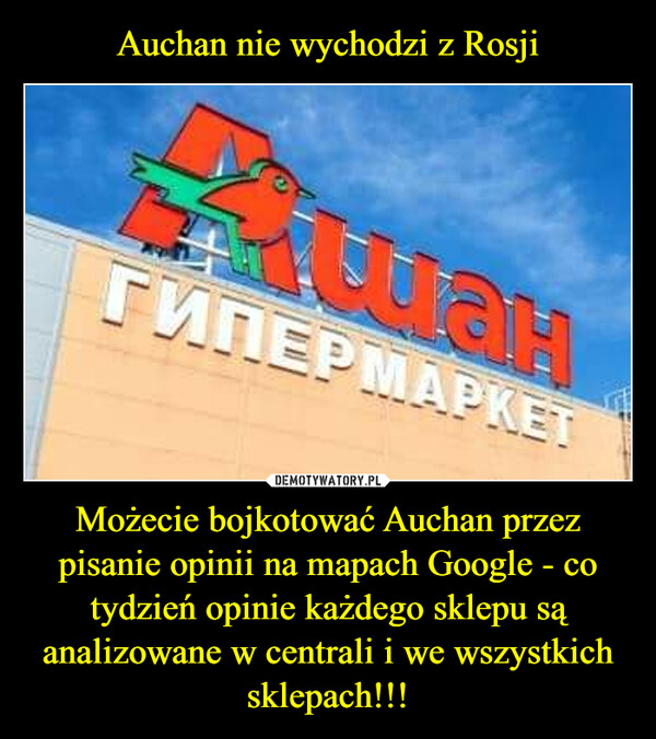 Auchan nie wychodzi z Rosji Możecie bojkotować Auchan przez pisanie opinii na mapach Google - co tydzień opinie każdego sklepu są analizowane w centrali i we wszystkich sklepach!!!