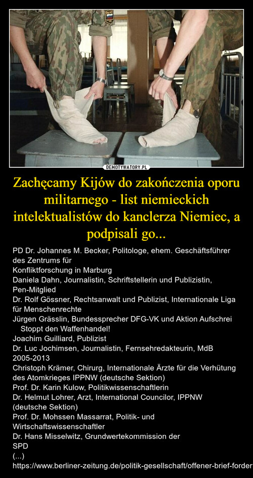 Zachęcamy Kijów do zakończenia oporu militarnego - list niemieckich intelektualistów do kanclerza Niemiec, a podpisali go...