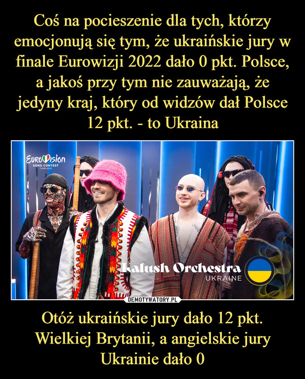 Otóż ukraińskie jury dało 12 pkt. Wielkiej Brytanii, a angielskie jury Ukrainie dało 0 –  