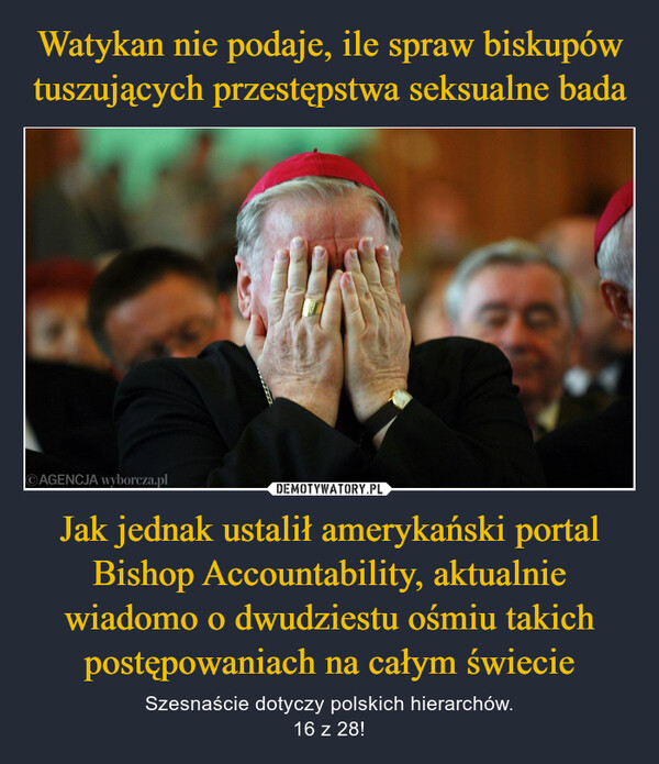 Jak jednak ustalił amerykański portal Bishop Accountability, aktualnie wiadomo o dwudziestu ośmiu takich postępowaniach na całym świecie – Szesnaście dotyczy polskich hierarchów.16 z 28! 