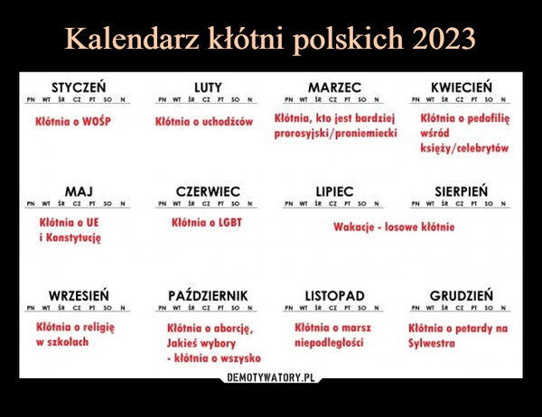 Kalendarz kłótni polskich 2023