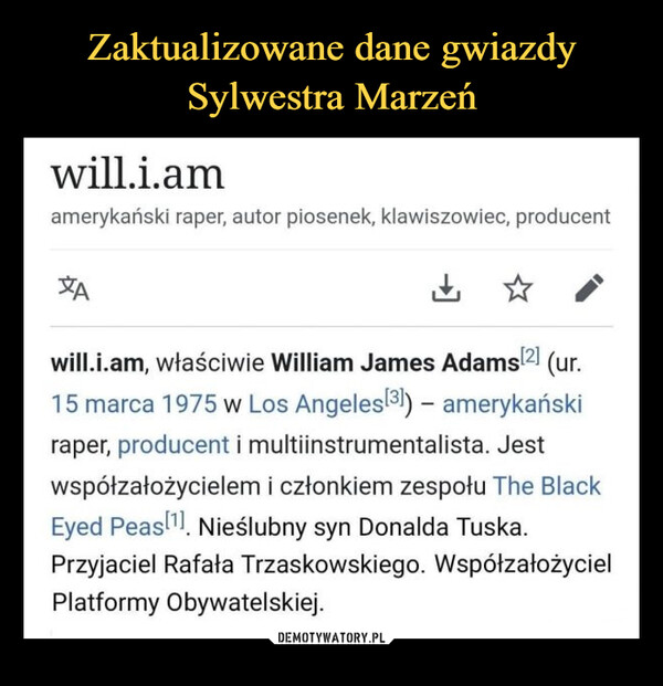  –  will.i.am, właściwie William James Adams2 (ur.15 marca 1975 w Los Angelesl5i) - amerykańskiraper, producent i multiinstrumentalista. Jest