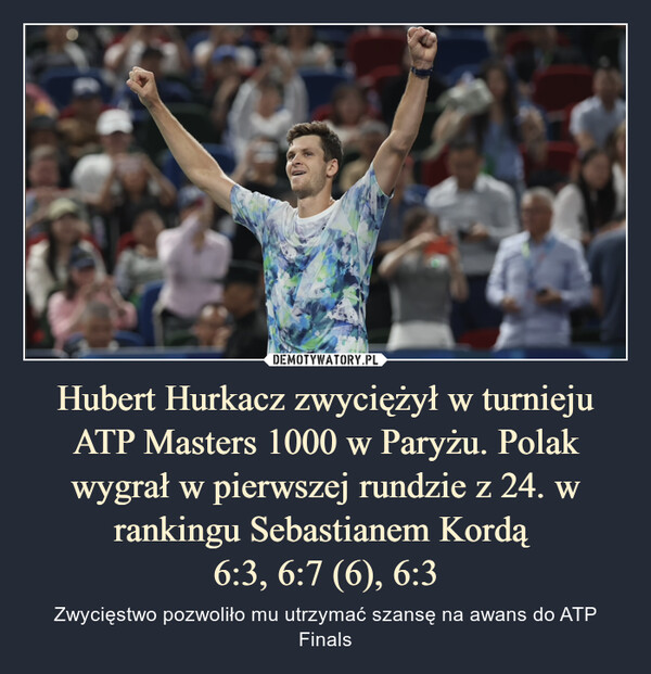 Hubert Hurkacz zwyciężył w turnieju ATP Masters 1000 w Paryżu. Polak wygrał w pierwszej rundzie z 24. w rankingu Sebastianem Kordą 6:3, 6:7 (6), 6:3 – Zwycięstwo pozwoliło mu utrzymać szansę na awans do ATP Finals 