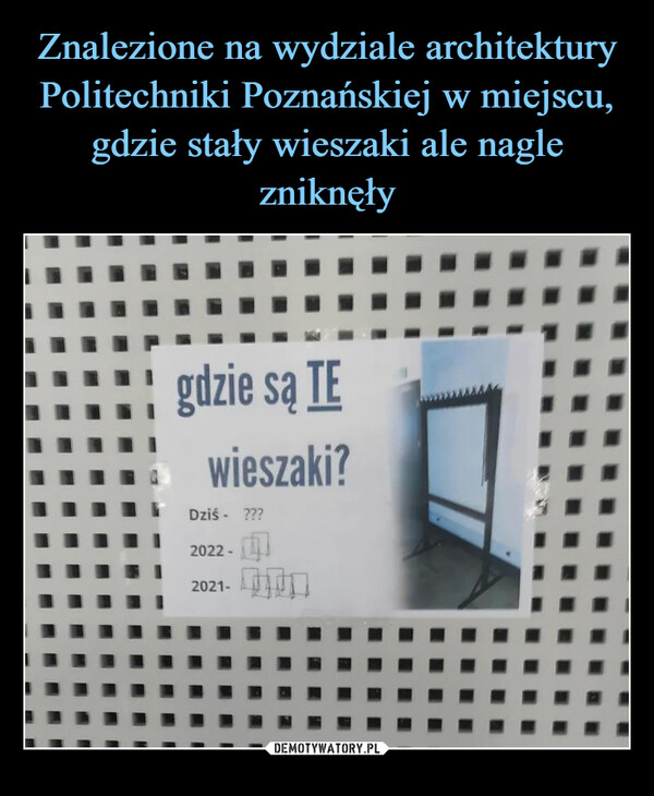 Znalezione na wydziale architektury Politechniki Poznańskiej w miejscu, gdzie stały wieszaki ale nagle zniknęły