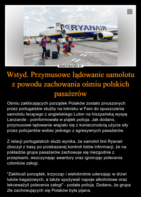 Wstyd. Przymusowe lądowanie samolotu z powodu zachowania ośmiu polskich pasażerów