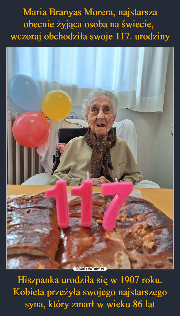 Maria Branyas Morera, najstarsza obecnie żyjąca osoba na świecie, 
wczoraj obchodziła swoje 117. urodziny Hiszpanka urodziła się w 1907 roku. Kobieta przeżyła swojego najstarszego syna, który zmarł w wieku 86 lat