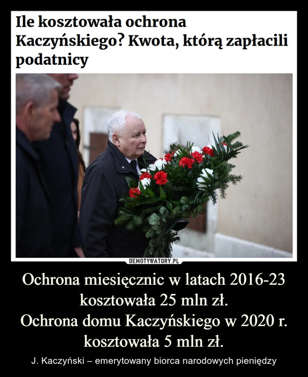 Ochrona miesięcznic w latach 2016-23
kosztowała 25 mln zł.
Ochrona domu Kaczyńskiego w 2020 r.
kosztowała 5 mln zł.